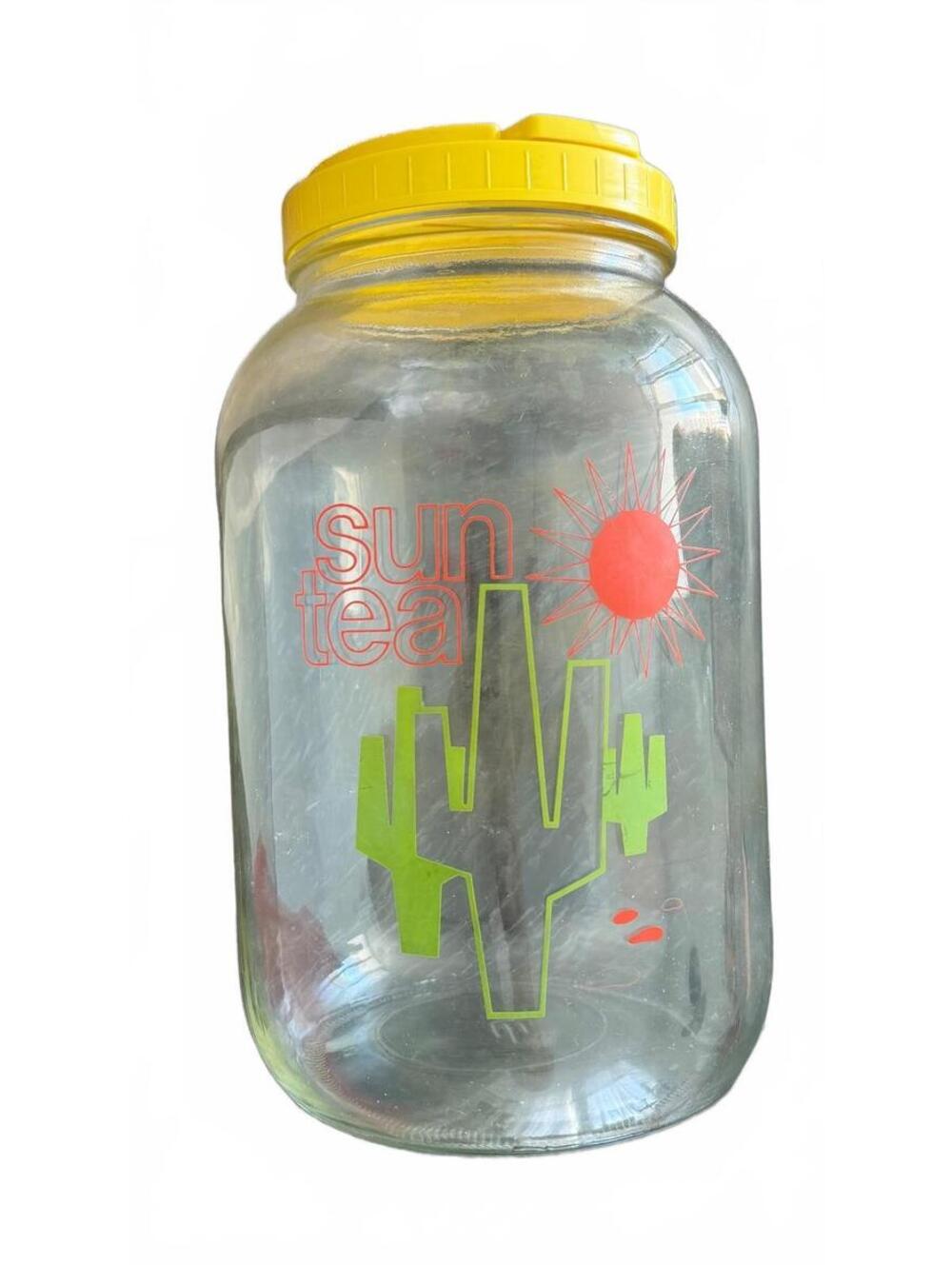Vintage Sun Tea Glass Jar with Yellow Lid Cactus Desert Design